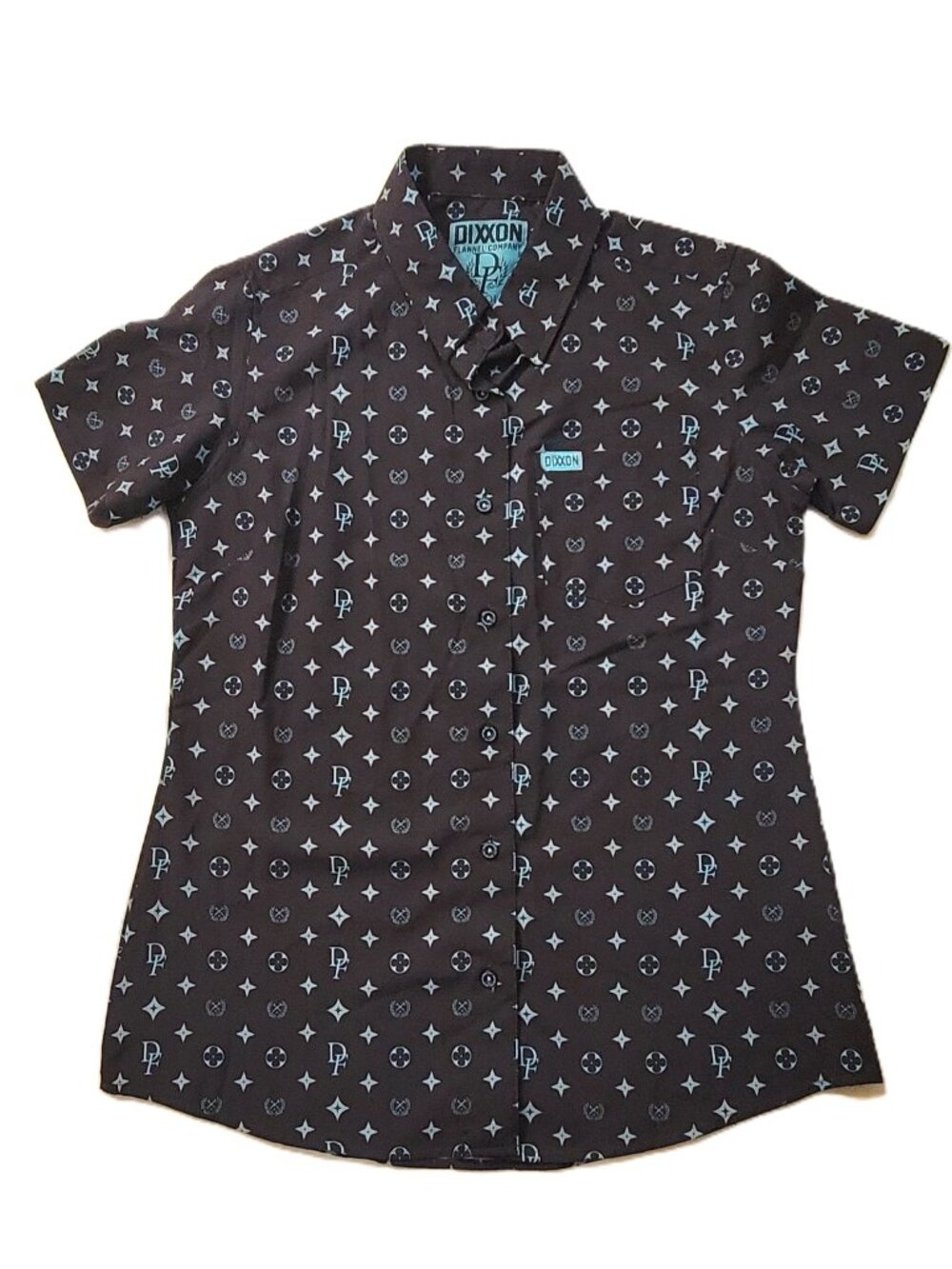 Dixxon Womens S Small The Bougie Party Shirt Short Sleeve Monogram Blue Black